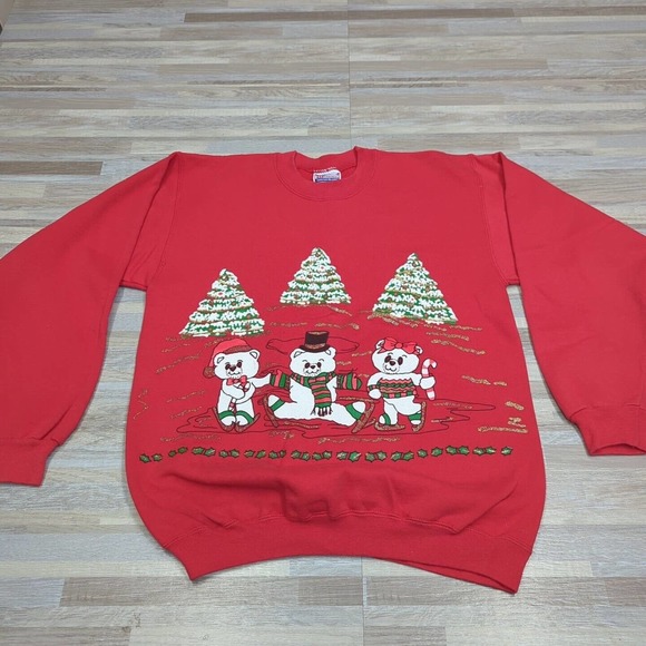 Variety Sweaters - 80's Vintage Red Christmas Bear Sweatshirt, Grandma Chic, Women's Size S